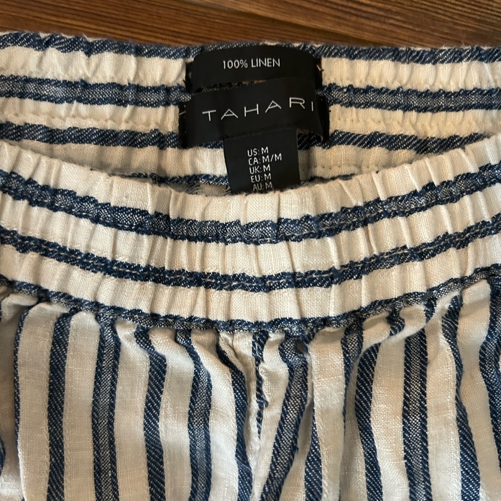 Tahari cream navy striped elastic waist linen high waist casual pants. Medium - Picture 2 of 4